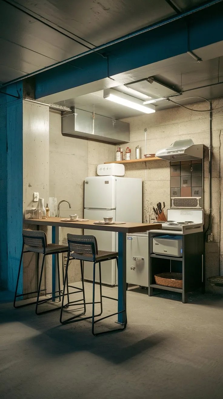 Unveiling this basement kitchenette: a surprisingly spacious basement kitchen area despite its small footprint.  The kitchenette design maximizes every inch, featuring a fridge, stove, and microwave within this basement bar-adjacent mini kitchen.  This basement cooking space is a testament to efficient and stylish compact kitchenette design.