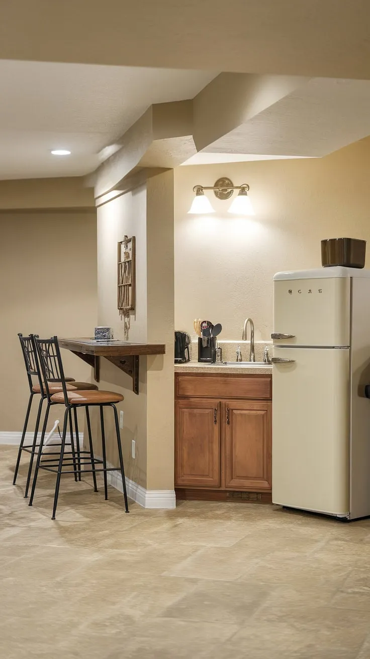 Unwind in this cozy basement kitchenette.  The basement bar adds a touch of sophistication to this surprisingly spacious basement cooking space.  This small kitchen, complete with a kitchenette with fridge and sink, is the perfect blend of functionality and charm, showcasing a thoughtful kitchenette design.  The basement kitchen area is a delightful surprise.
