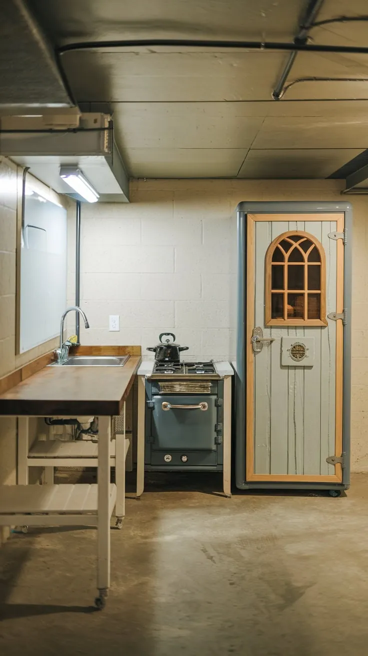 Charming Basement Kitchenette with Unique Fridge Design