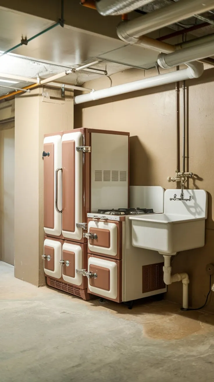 Charming Basement Kitchenette Featuring Unique Multi-Door Fridge