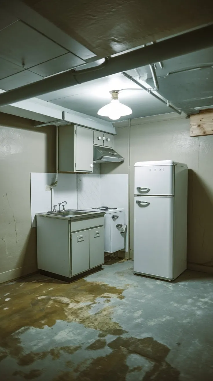 Dimly Lit Basement Kitchenette with Modern Fridge Design