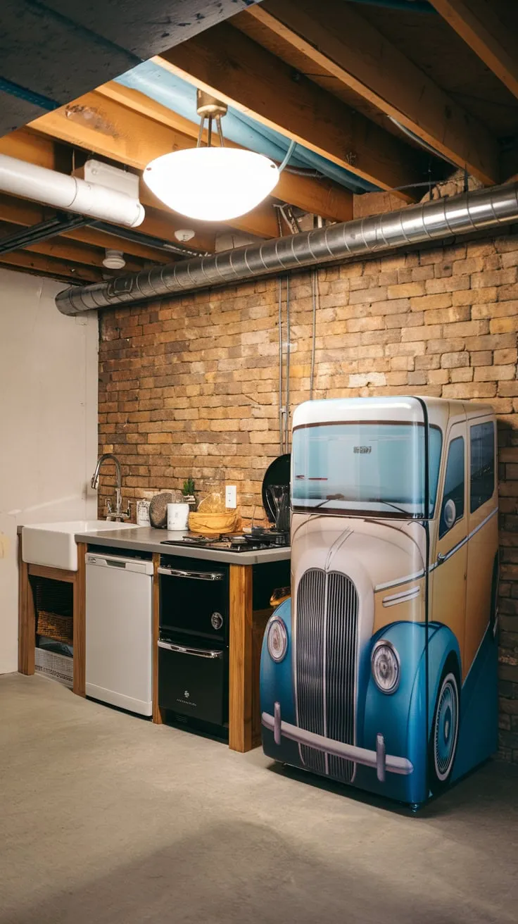 Vintage Car Fridge Enhances Cozy Basement Kitchenette Design