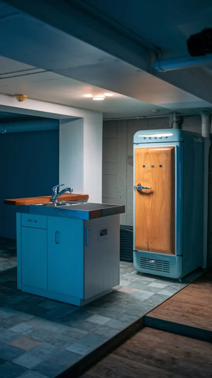 Charming Basement Kitchenette Featuring Unique Fridge Design