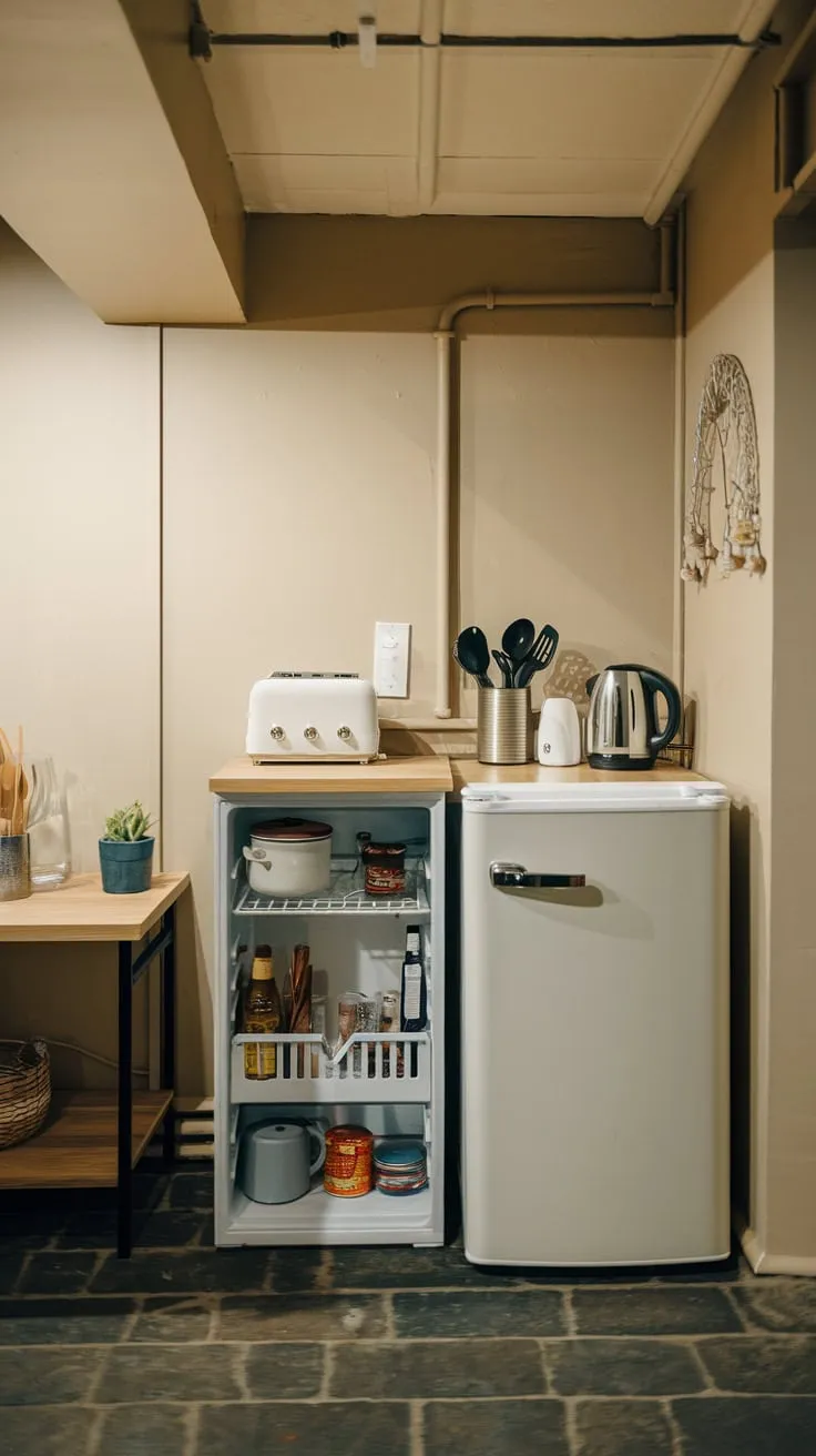 Charming Basement Kitchenette with Stylish White Fridge