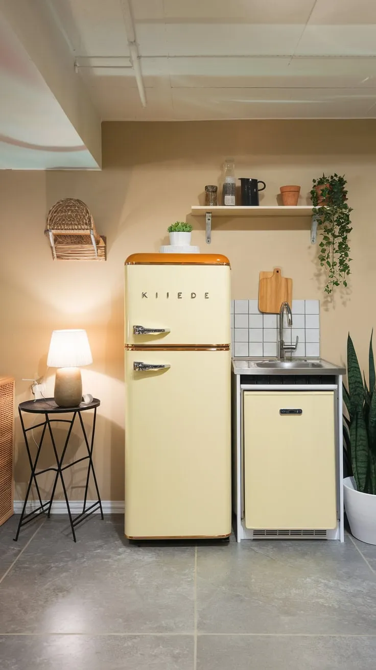Charming Basement Kitchenette with Modern Appliances and Decor