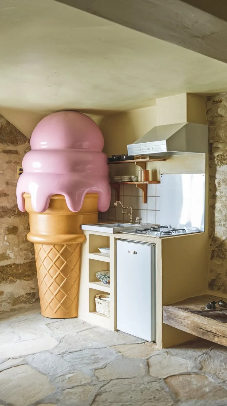 Charming Basement Kitchenette Featuring Ice Cream Cone Fridge
