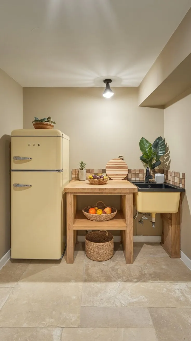 Charming Basement Kitchenette Featuring Beige Fridge and Decor