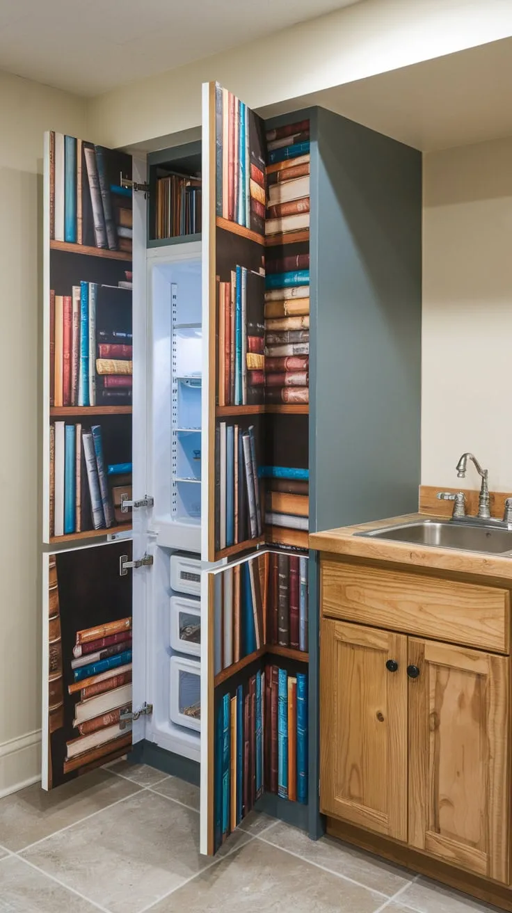 Unique Bookshelf Fridge Enhances Cozy Basement Kitchenette