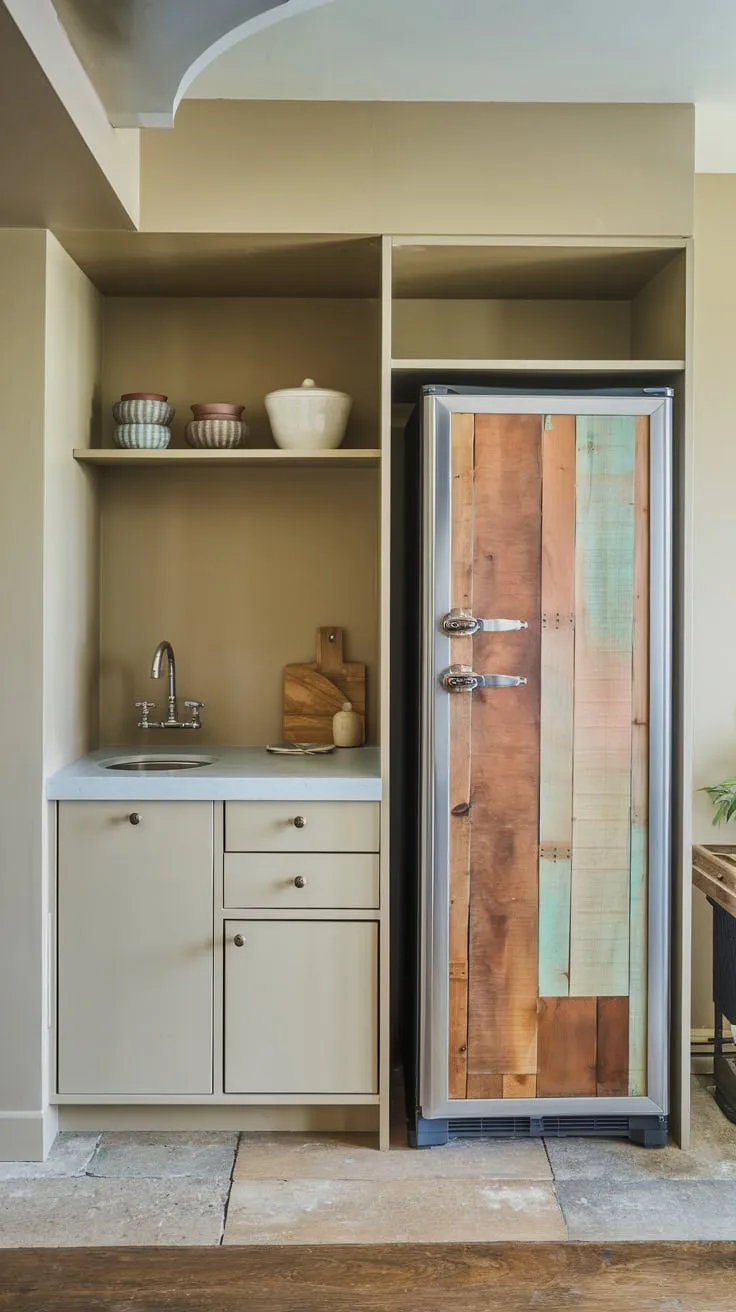 Charming Basement Kitchenette Featuring Unique Wooden Fridge