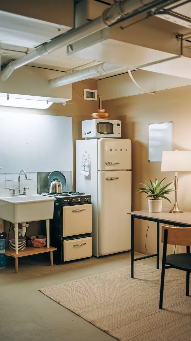 Cozy Basement Kitchenette Featuring Modern Appliances and Decor