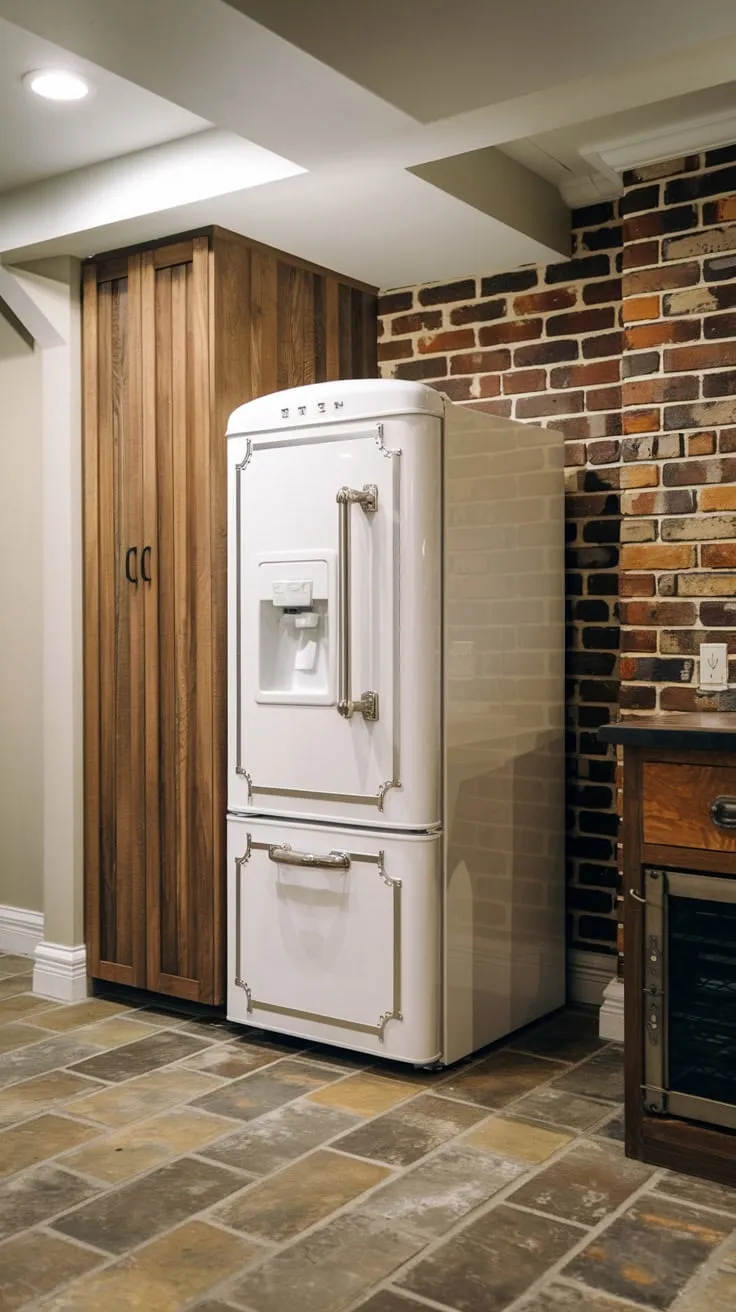 Charming Basement Kitchenette with Unique Fridge Design