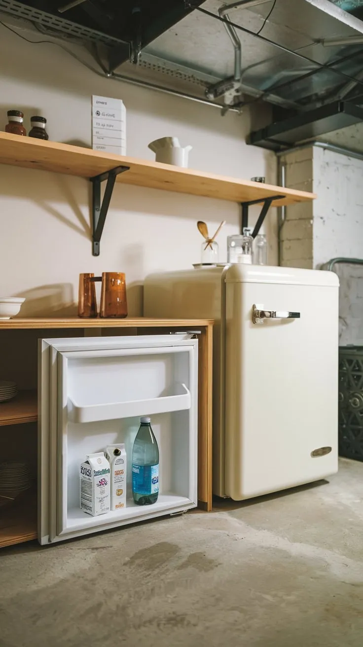 Charming Basement Kitchenette Featuring Stylish Fridge Design