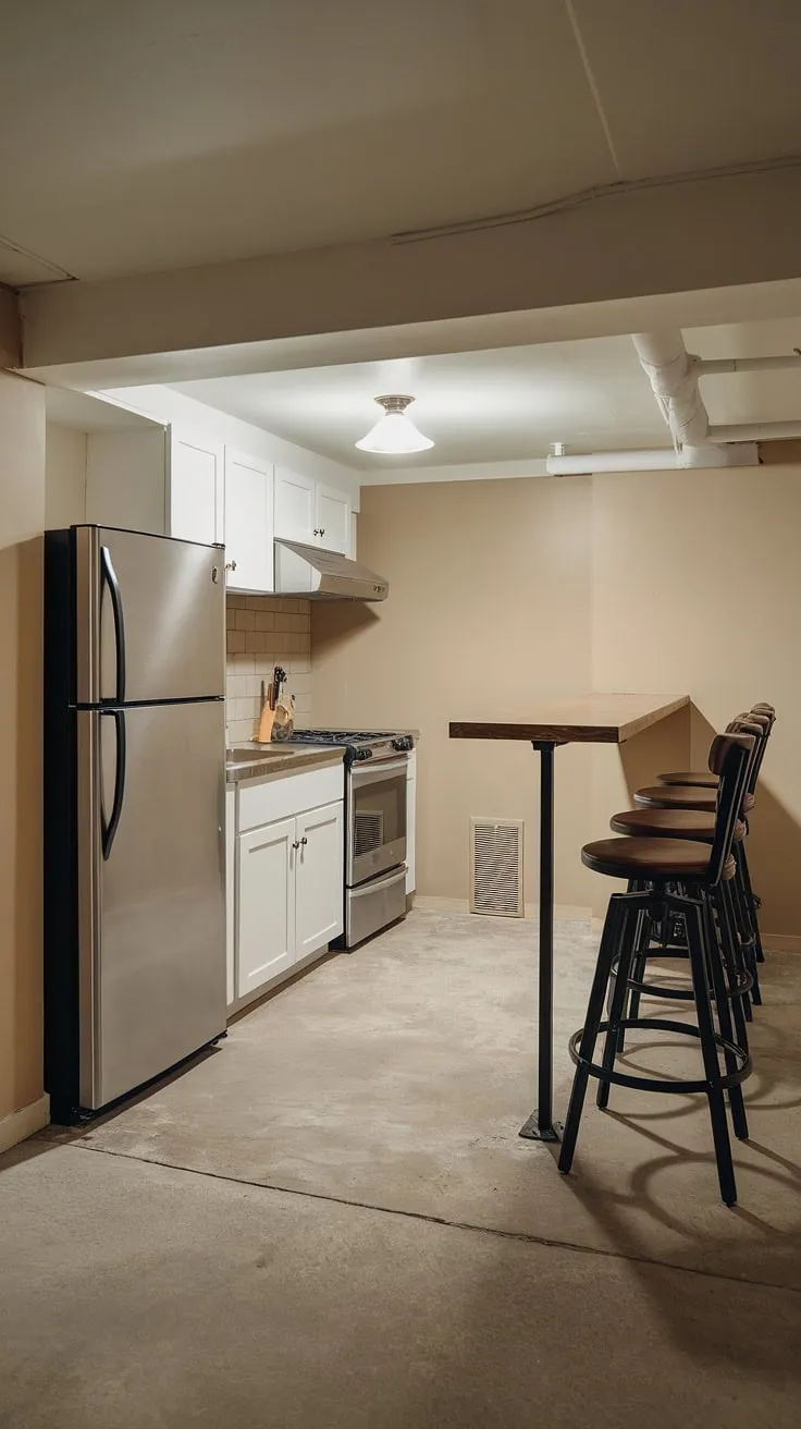Unveiling this hidden gem: a mini kitchen and basement bar combo! This basement kitchenette boasts a surprisingly spacious feel, despite its compact size. The kitchenette design is both efficient and chic, featuring a kitchenette with fridge, stove, and sink, all within this cozy basement cooking space.  The concrete floor and beige walls create a neutral backdrop for this impressive basement kitchen area.