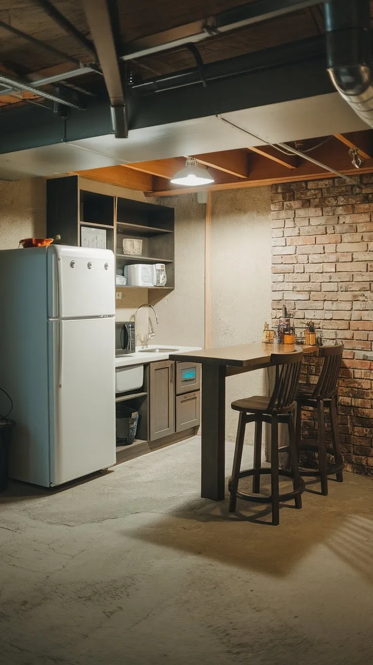 This compact kitchenette, tucked away in the basement, proves that even a small kitchen can be stylish and functional.  The exposed brick adds character, while the mini kitchen and basement bar create the perfect spot for casual gatherings.  This basement cooking space is a testament to clever kitchenette design.