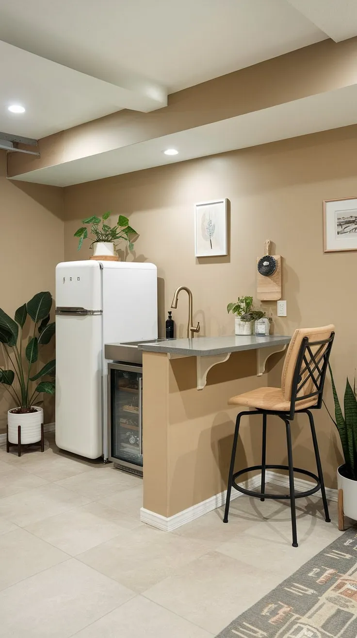 This compact kitchenette, a clever use of basement space, proves that a small kitchen can be both functional and stylish.  The kitchenette with fridge and sink offers a complete mini kitchen, perfect for a basement bar or a cozy basement cooking space.  The kitchenette design maximizes efficiency in this surprisingly spacious kitchen area.