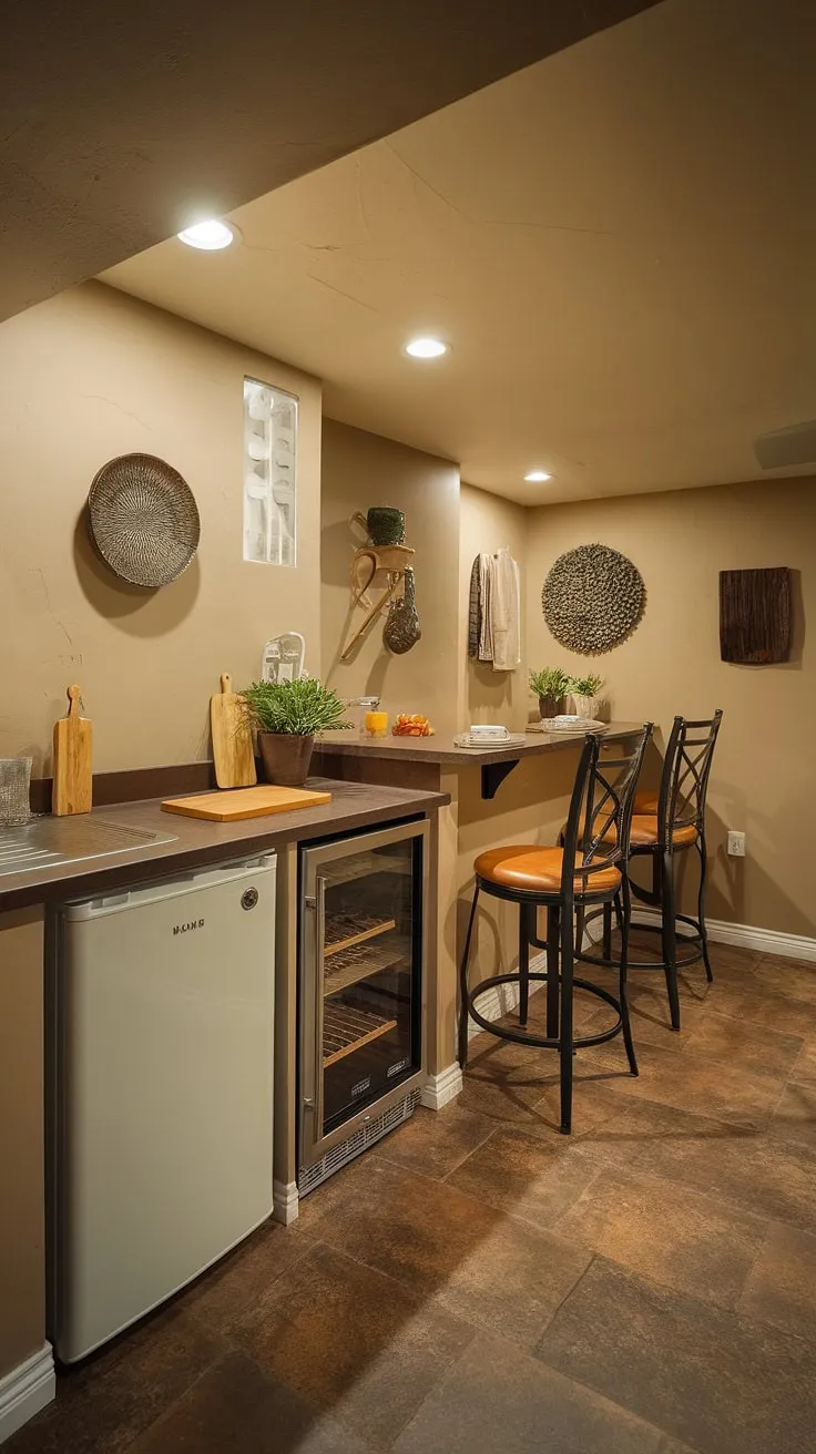 This compact kitchenette, tucked away in the basement, proves that even a small kitchen can be stylish and functional.  The kitchenette with fridge, sink, and cutting board offers a surprisingly complete basement cooking space, perfect for late-night snacks or a quick breakfast. The added basement bar area completes this cozy kitchenette design.