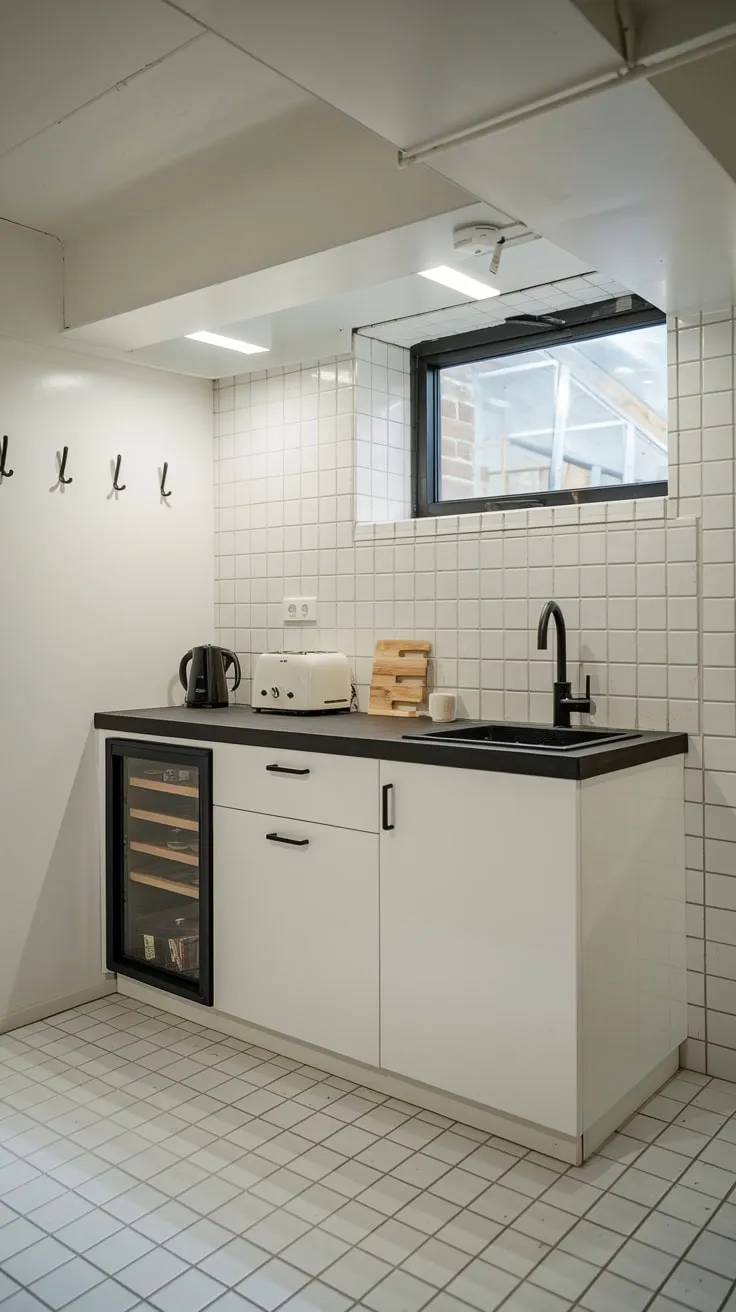 Sleek Modern Basement Kitchenette with Bright Accents
