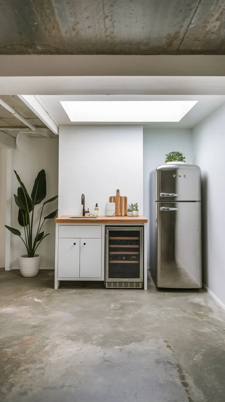 Modern Basement Kitchenette with Skylight and Greenery