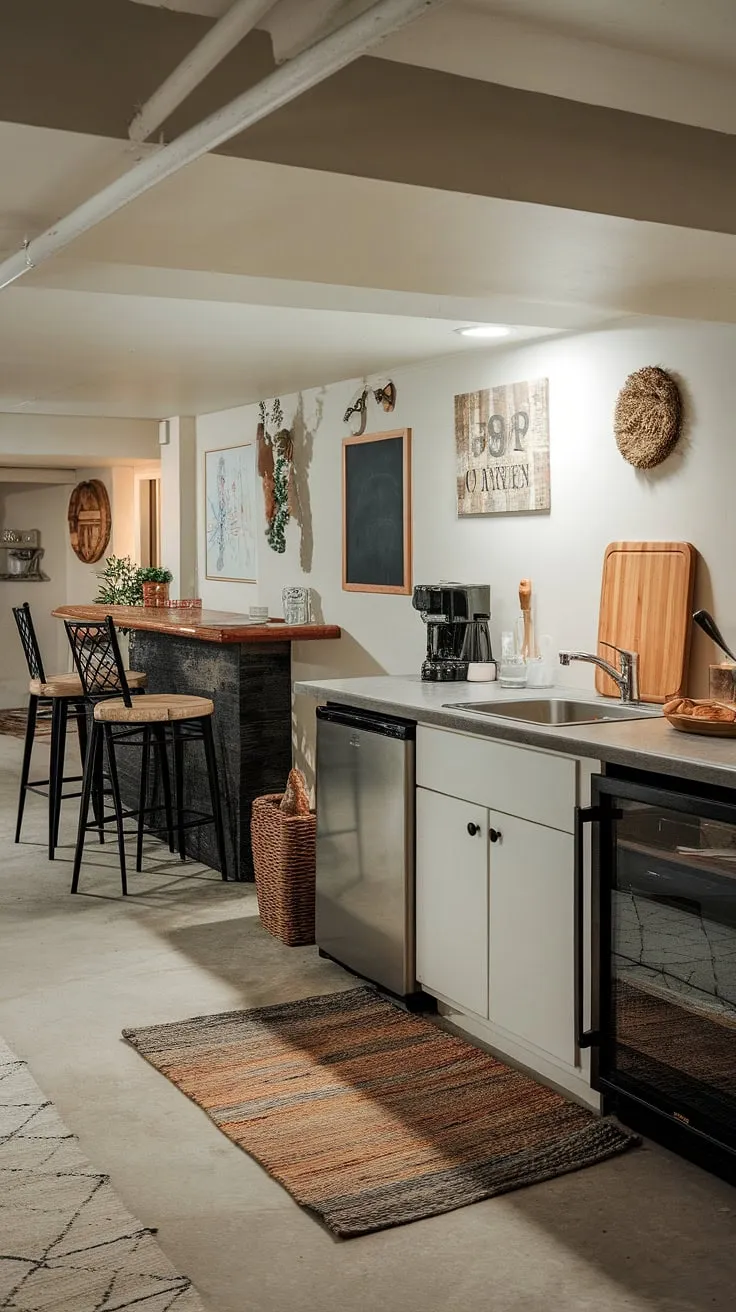This cleverly designed basement kitchenette and wet bar seamlessly blends functionality and entertainment.  The compact kitchen, complete with essential kitchenette appliances, offers a perfect basement food prep area, while the home bar provides a stylish basement dining space for casual gatherings.  A successful kitchenette renovation, this space proves that even a small kitchen can be a stunning basement entertainment area.