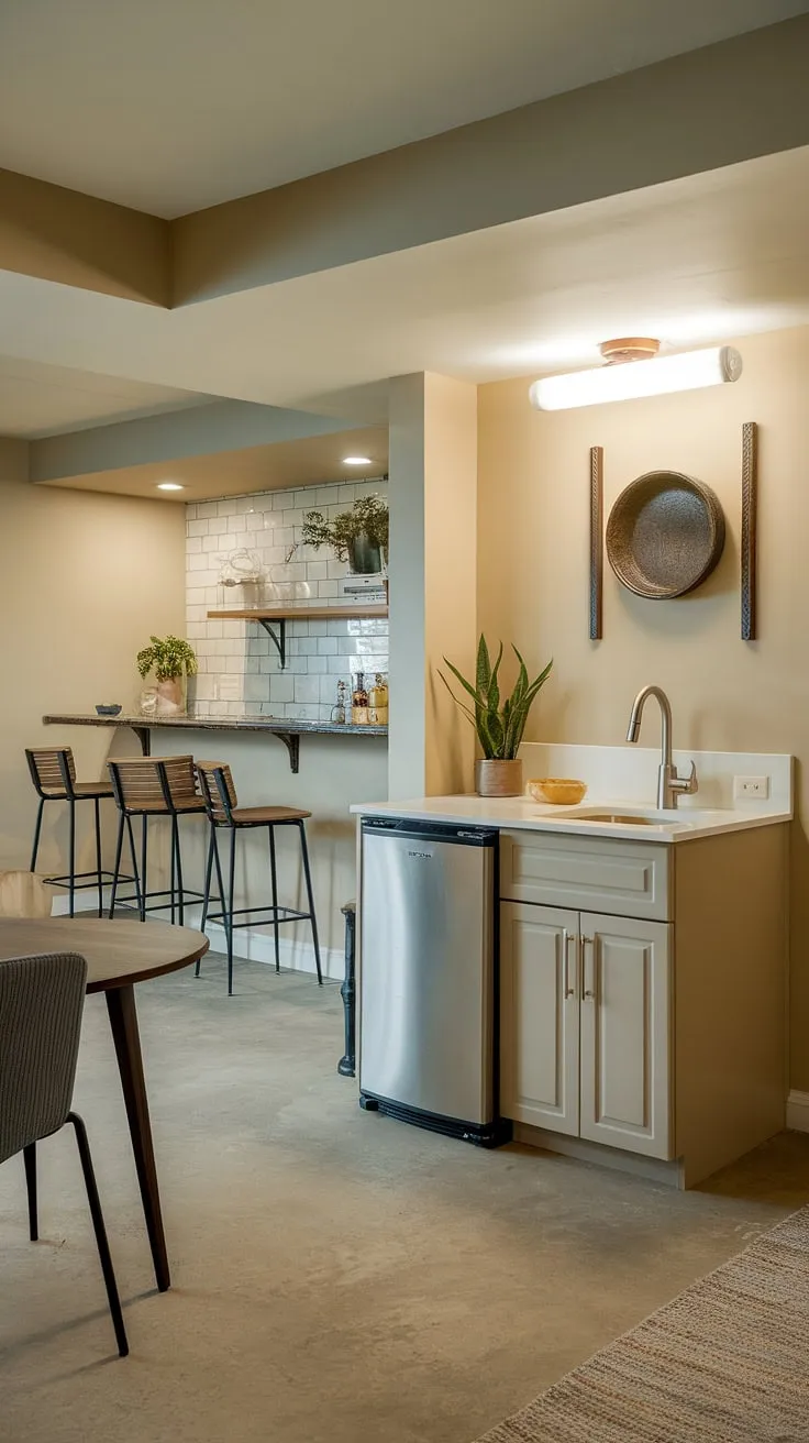 This basement kitchenette renovation transformed a forgotten space into a stylish and functional entertainment area.  The compact kitchen, complete with mini fridge and essential kitchenette appliances, seamlessly flows into a charming wet bar and basement dining space, perfect for casual gatherings.  The basement cooking area and basement food prep area are surprisingly spacious, showcasing clever kitchenette design. This basement utility kitchen is the ultimate blend of form and function.