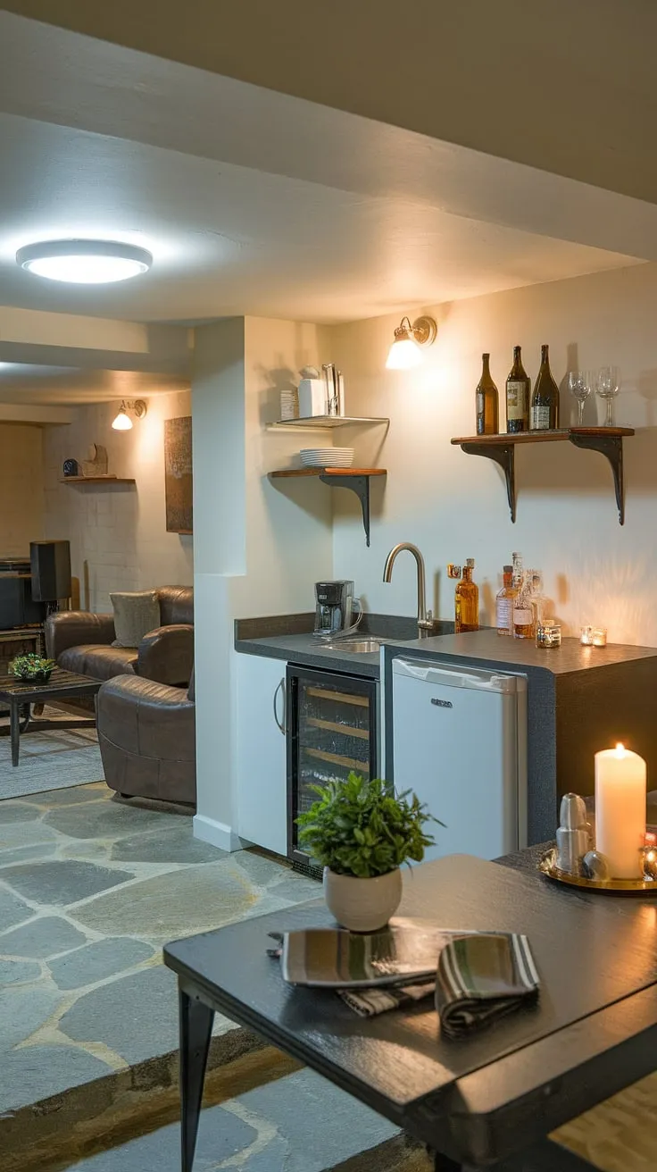 This cleverly designed basement kitchenette, complete with compact kitchen appliances and a mini kitchen setup, seamlessly blends functionality with style. The small kitchen's efficient layout maximizes space, while the adjacent wet bar and basement dining space create the perfect atmosphere for entertaining.  A basement food prep area and home bar, all within a thoughtfully planned basement entertainment area, make this kitchenette renovation a true masterpiece of basement utility kitchen design.