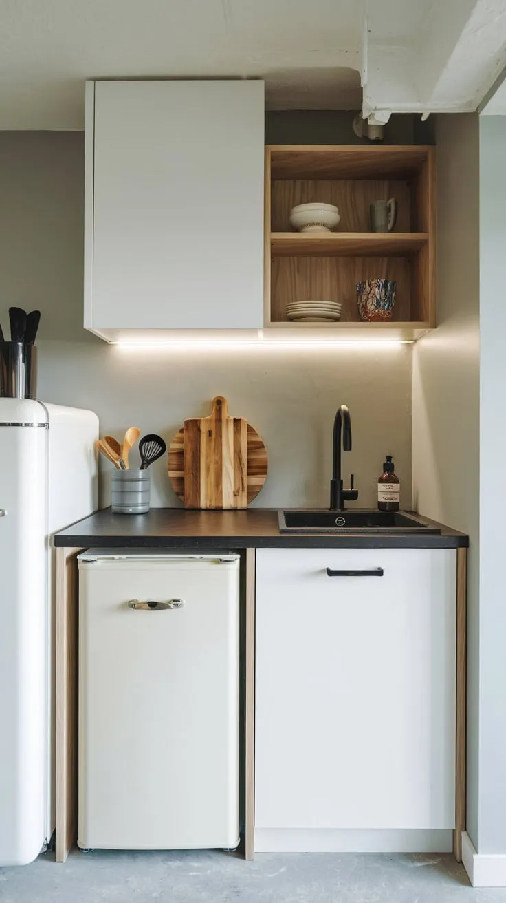 Sleek Modern Basement Kitchenette with Stylish Accents