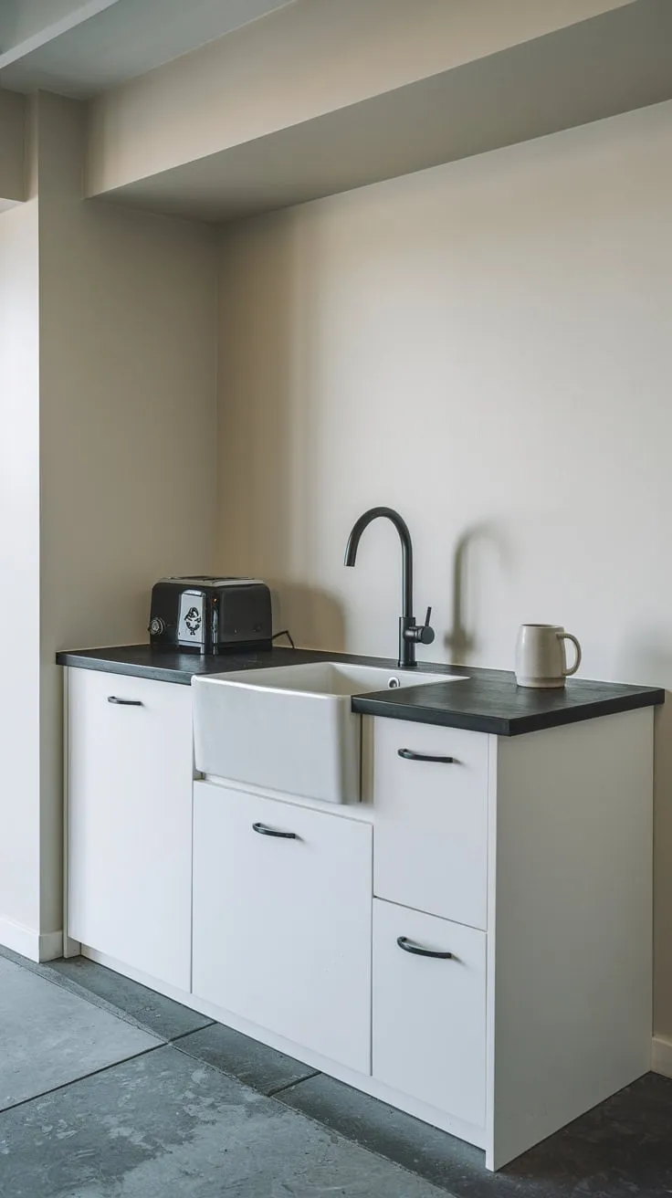 Sleek Modern Basement Kitchenette with Stylish Black Accents