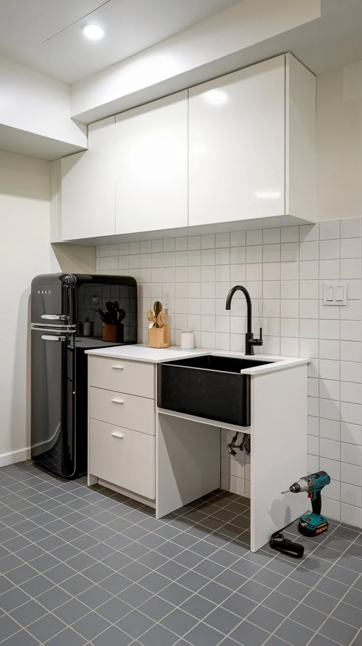 Sleek Modern Basement Kitchenette with Stylish Features