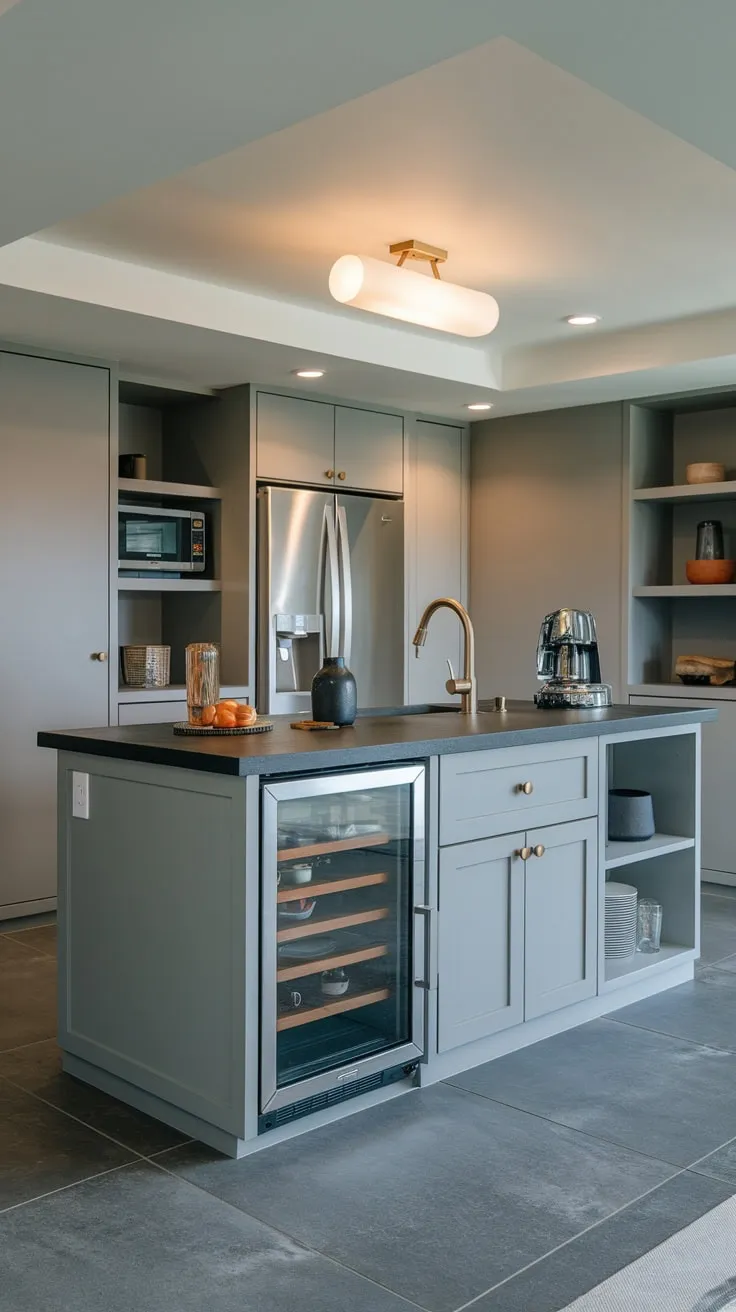 Sleek Modern Basement Kitchenette with Gray Island