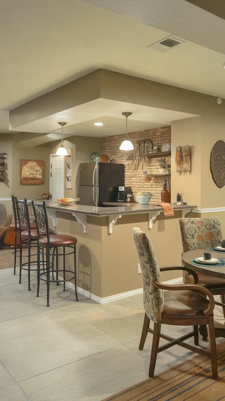 Unleash your inner mixologist and chef in this incredible basement entertainment area!  A cleverly designed basement kitchenette, featuring a mini kitchen and efficient kitchenette appliances, sits alongside a stylish basement bar. The basement dining space provides ample room for guests, while the overall design showcases a successful basement kitchenette and kitchenette renovation. This basement food prep area and home bar are the perfect blend of form and function, proving that even a small kitchen can be the heart of the home.