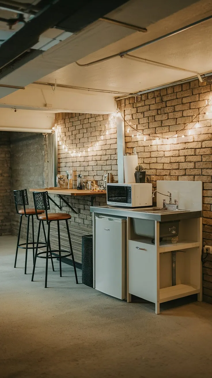 This cozy basement kitchenette boasts a compact kitchen design perfect for entertaining.  The small kitchen, complete with kitchenette appliances and a wet bar, transforms this basement utility kitchen into a charming basement entertainment area.  Exposed brick and fairy lights add to the inviting ambiance of this basement food prep area and basement dining space, making it the ideal basement cooking area and home bar.