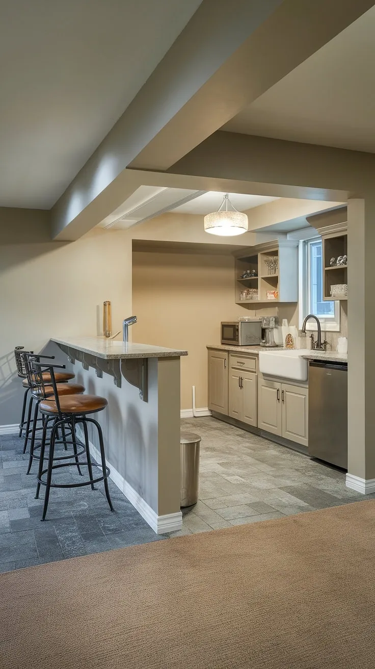 This compact kitchen and wet bar combo transforms this basement into the ultimate entertainment area.  The kitchenette design maximizes space, offering a surprisingly functional basement cooking area with all essential kitchenette appliances, while the home bar provides a perfect spot for socializing.  A successful basement kitchenette renovation, this space seamlessly blends basement food prep area and basement dining space.