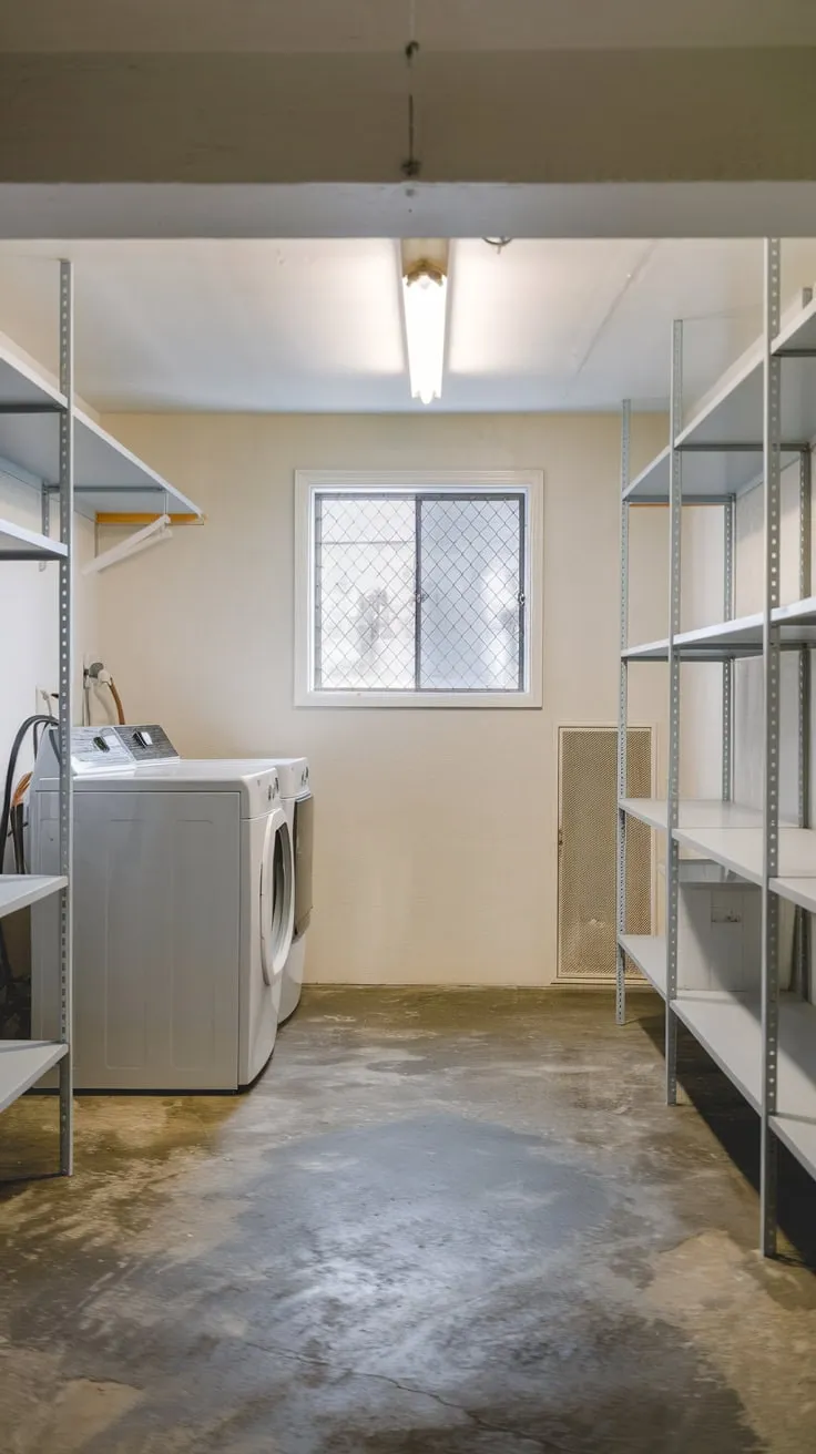 Sleek Modern Basement Laundry Room with Concrete Floor