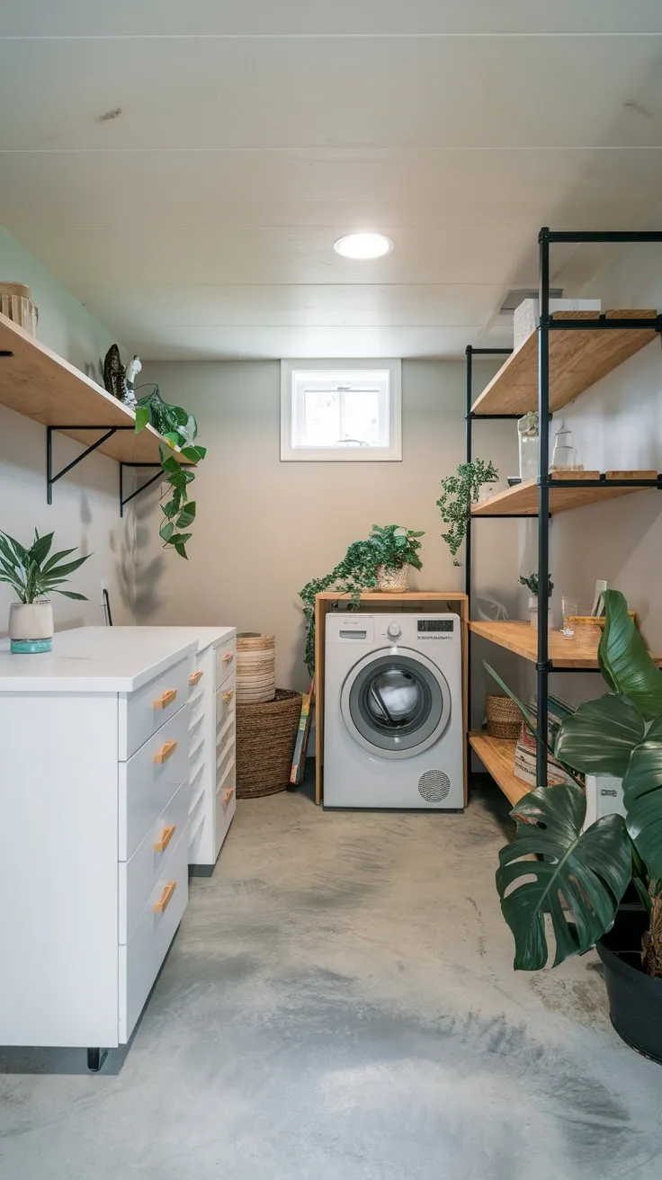 Stylish Modern Basement Laundry Room with Plants