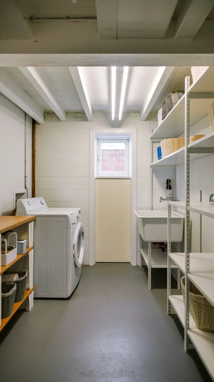 Bright and Modern Basement Laundry Room with Storage