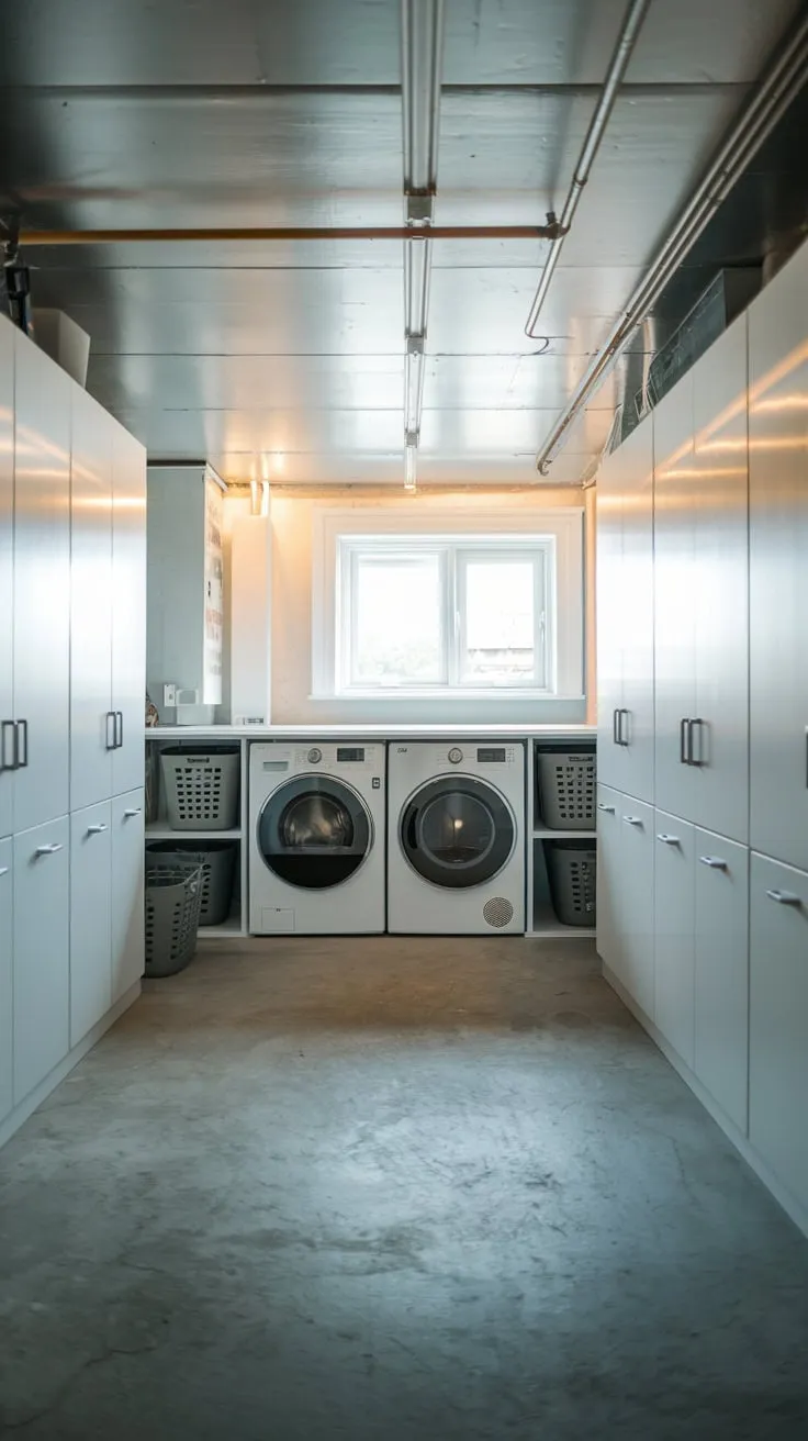 Bright Modern Basement Laundry Room with White Cabinets