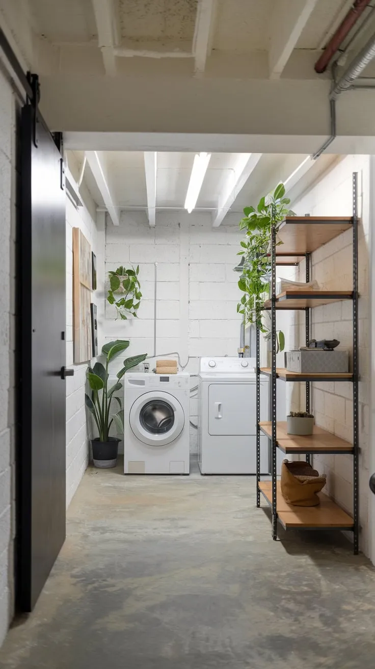 Bright Modern Basement Laundry Room with Stylish Features