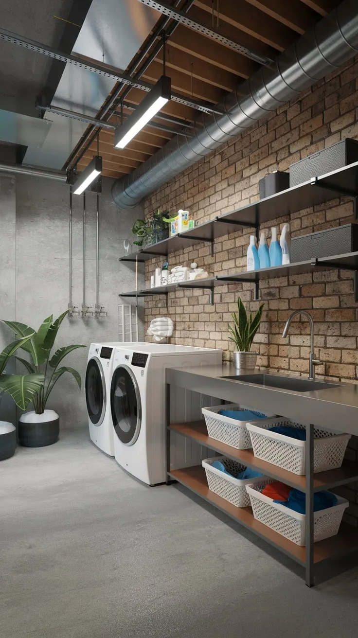 Sleek Industrial Basement Laundry Room with Greenery