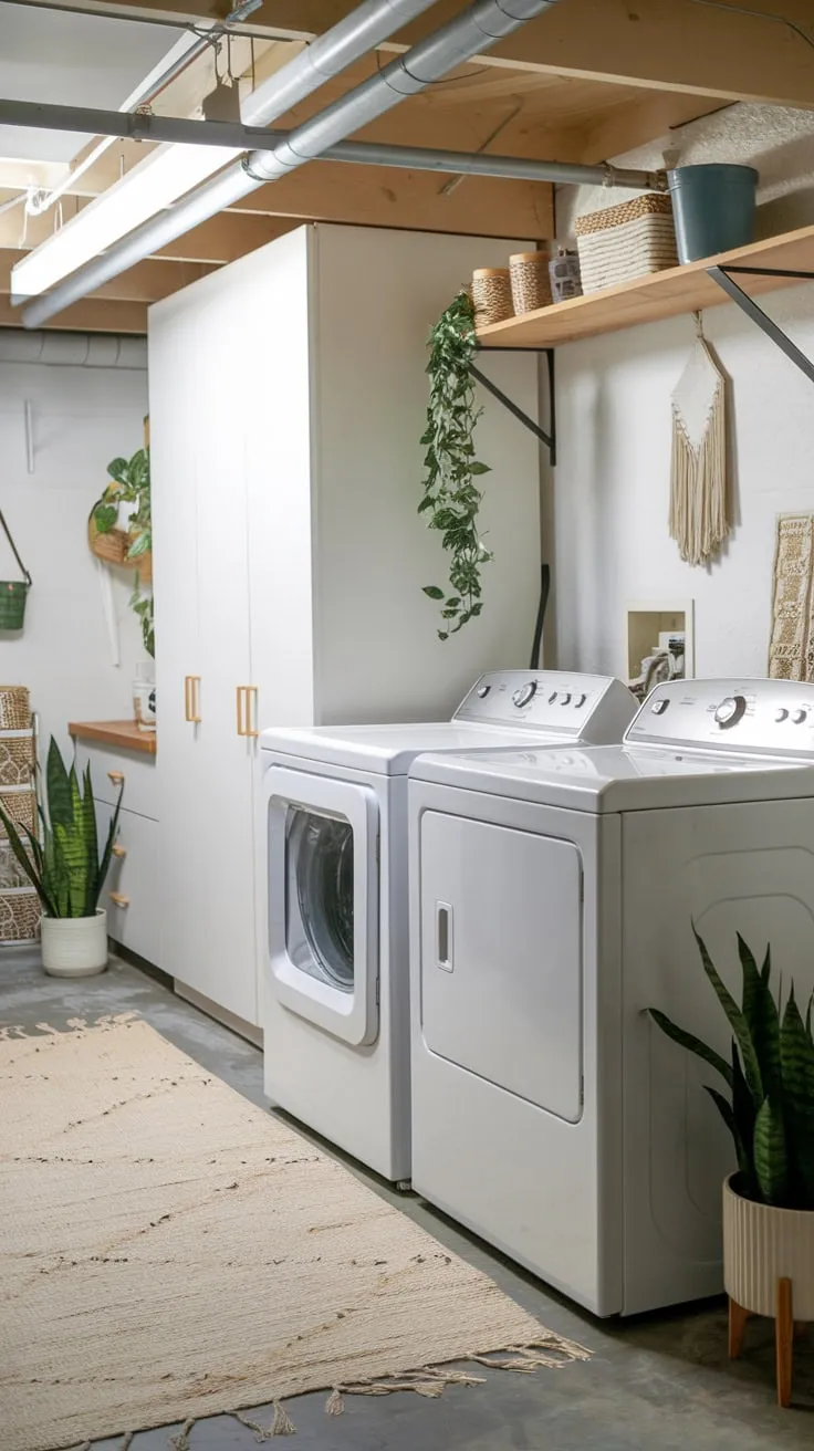 Stylish Modern Basement Laundry Room with Plants