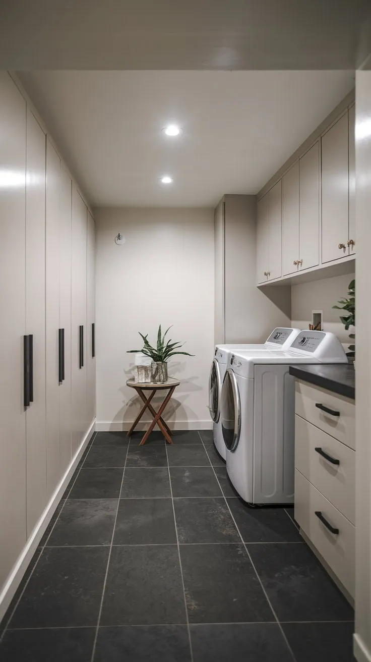 Sleek Modern Basement Laundry Room with Minimalist Design