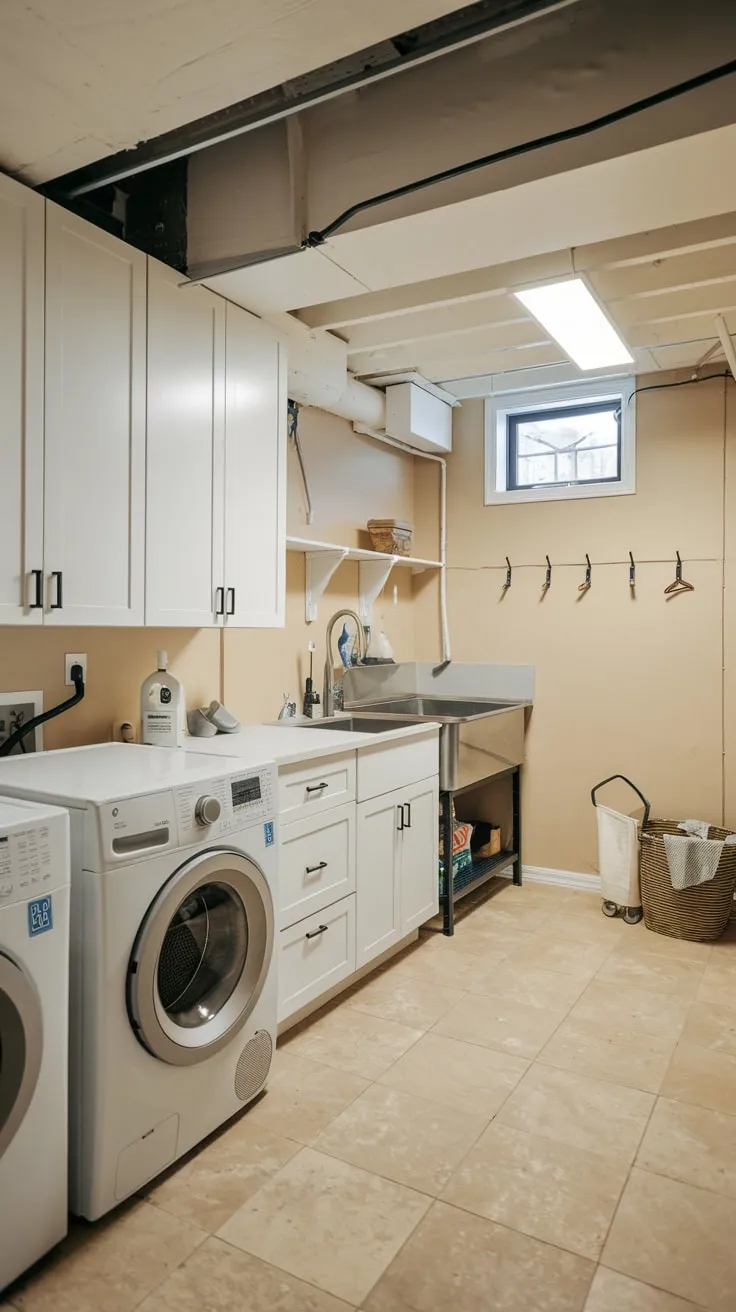 Bright Modern Basement Laundry Room with Stylish Features