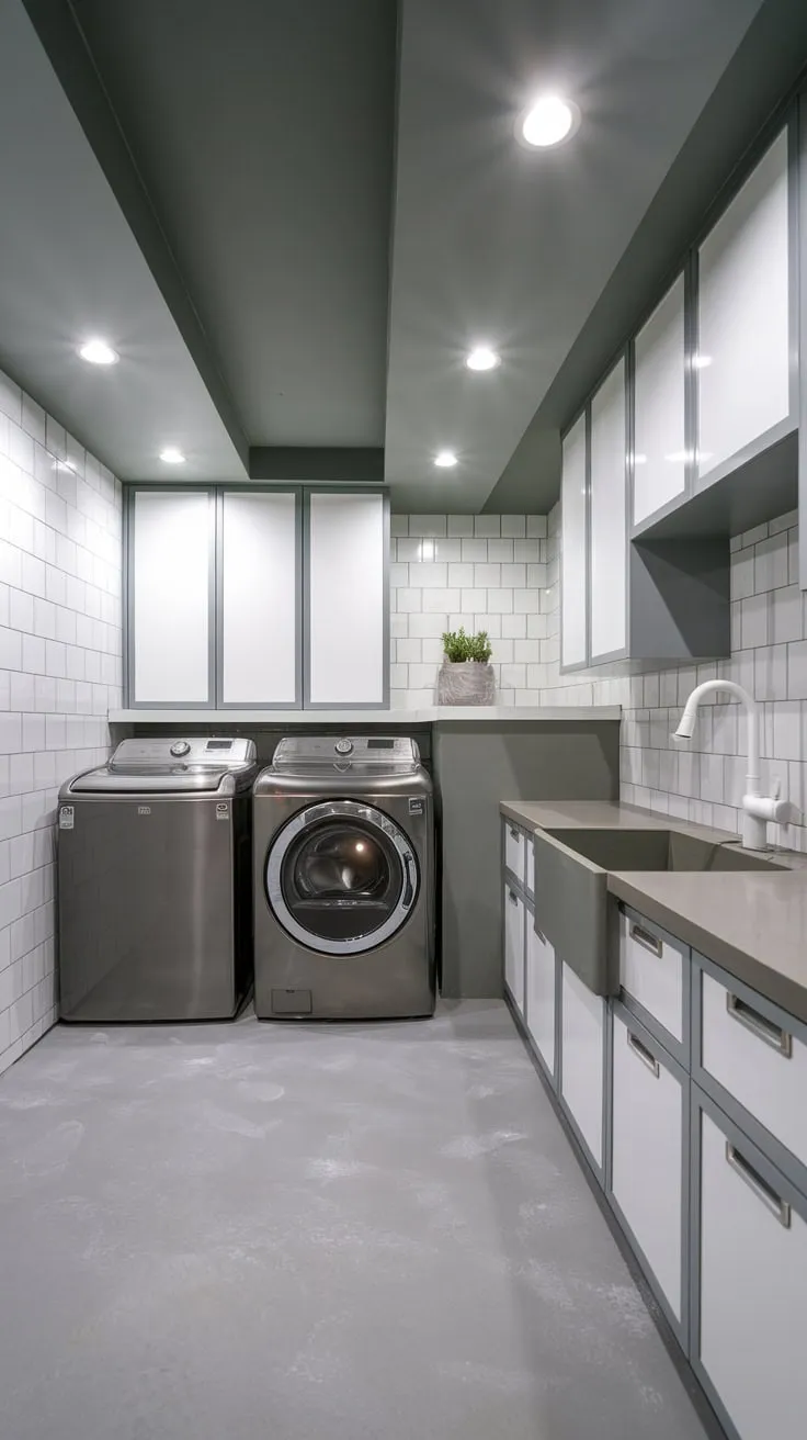 Sleek Modern Basement Laundry Room with Stylish Features