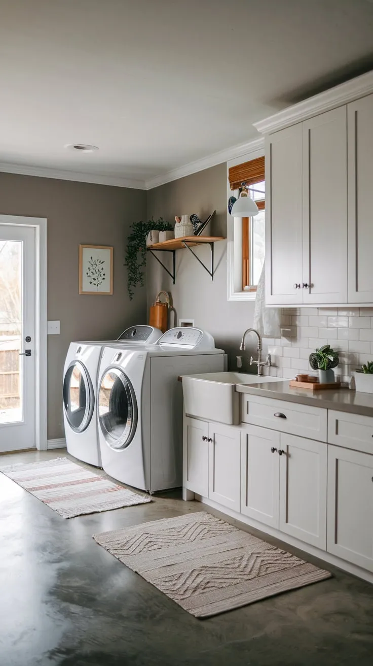 Stylish Modern Basement Laundry Room with Cozy Touches