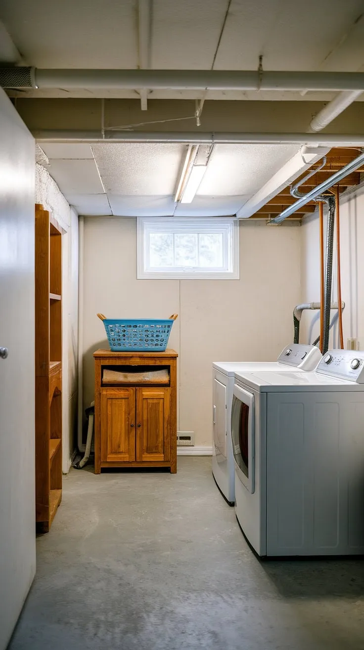 Clean lines and efficient design define this basement utility room.  The laundry space feels open and airy despite its basement location, making laundry day a breeze in this well-organized basement drying room and laundry corner.  Everything is within easy reach in this thoughtfully planned basement washing room.