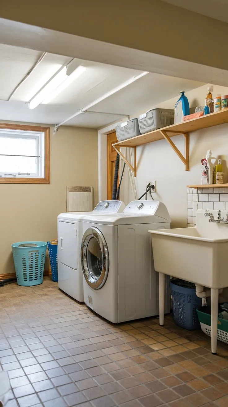 Transform your basement into a productive laundry space with this inspiring laundry corner.  This basement drying room features all the essential laundry facilities: a washing machine, dryer, and a handy laundry sink. The added wooden shelf provides ample storage for cleaning supplies, making this basement washing room both functional and aesthetically pleasing.  This efficient laundry area is a dream for any homeowner.