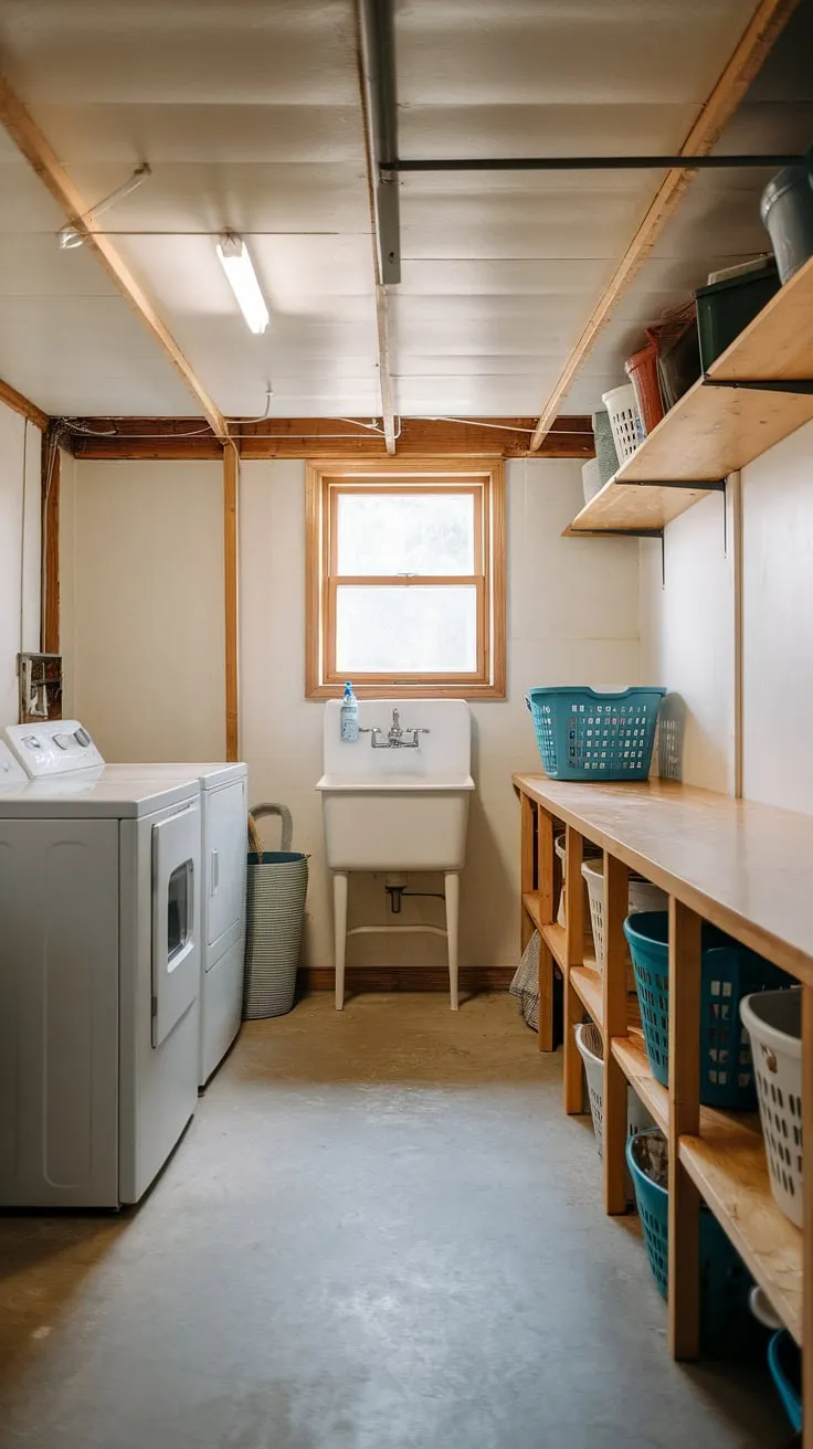 This functional yet charming basement laundry room, a true laundry nook, boasts ample space for all your laundry needs. The bright window above the laundry sink illuminates this efficient washing area, making even chores feel less like a burden.  The wooden shelving and clean concrete floor complete this well-organized basement utility room, transforming this basement washing room into a surprisingly pleasant laundry space.