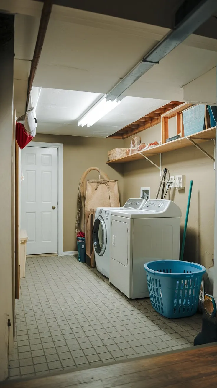 This bright and efficient basement laundry room, a true laundry nook, boasts ample space for all your laundry needs.  The dedicated washing area, complete with washer, dryer, and convenient shelving, transforms this basement utility room into a functional and stylish laundry corner.  Everything is within easy reach, making laundry day a breeze.