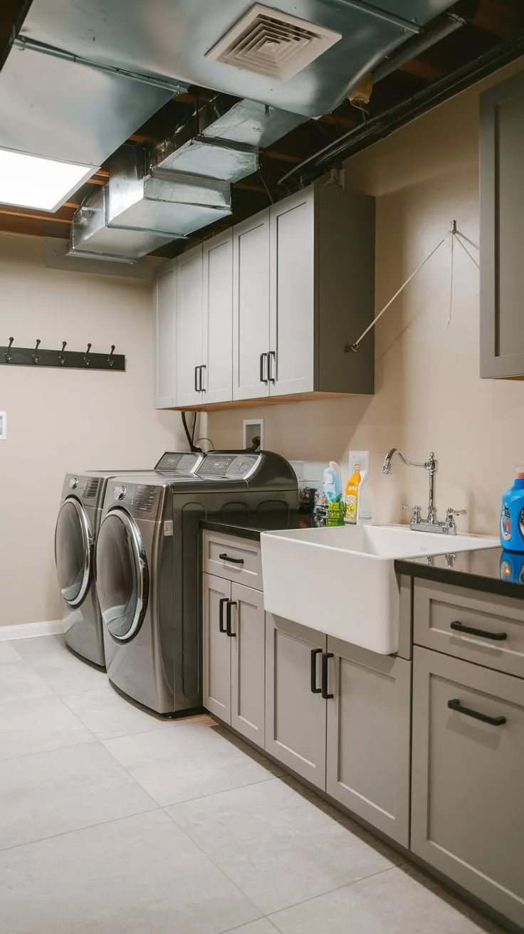 Stylish Modern Basement Laundry Room with Grey Cabinets