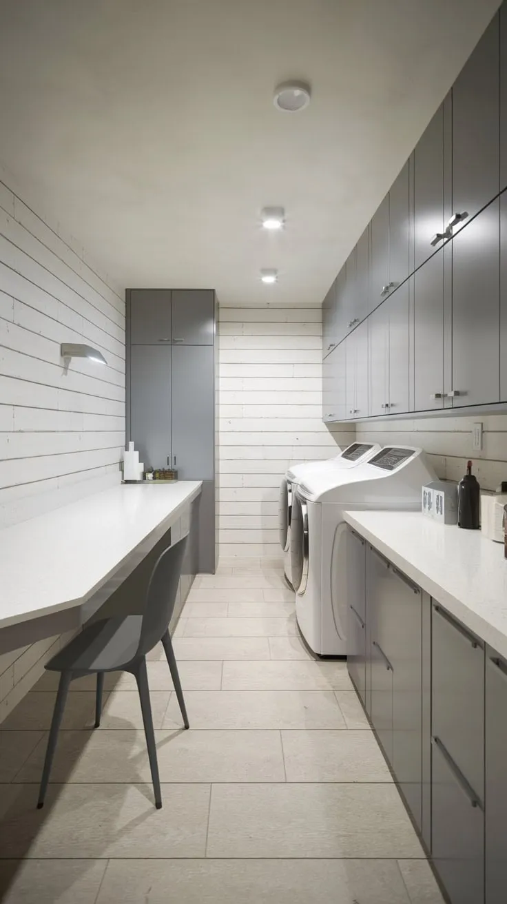 Sleek Modern Basement Laundry Room with Stylish Storage