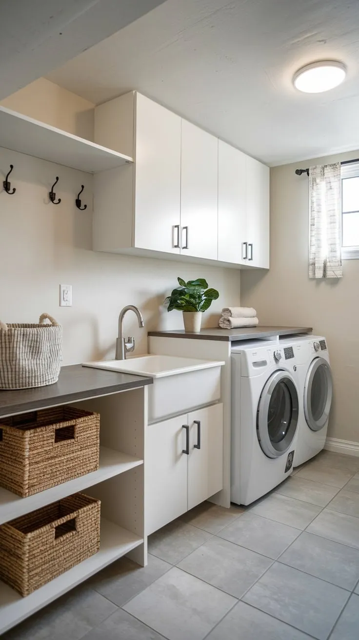 Stylish Modern Basement Laundry Room with White Cabinets
